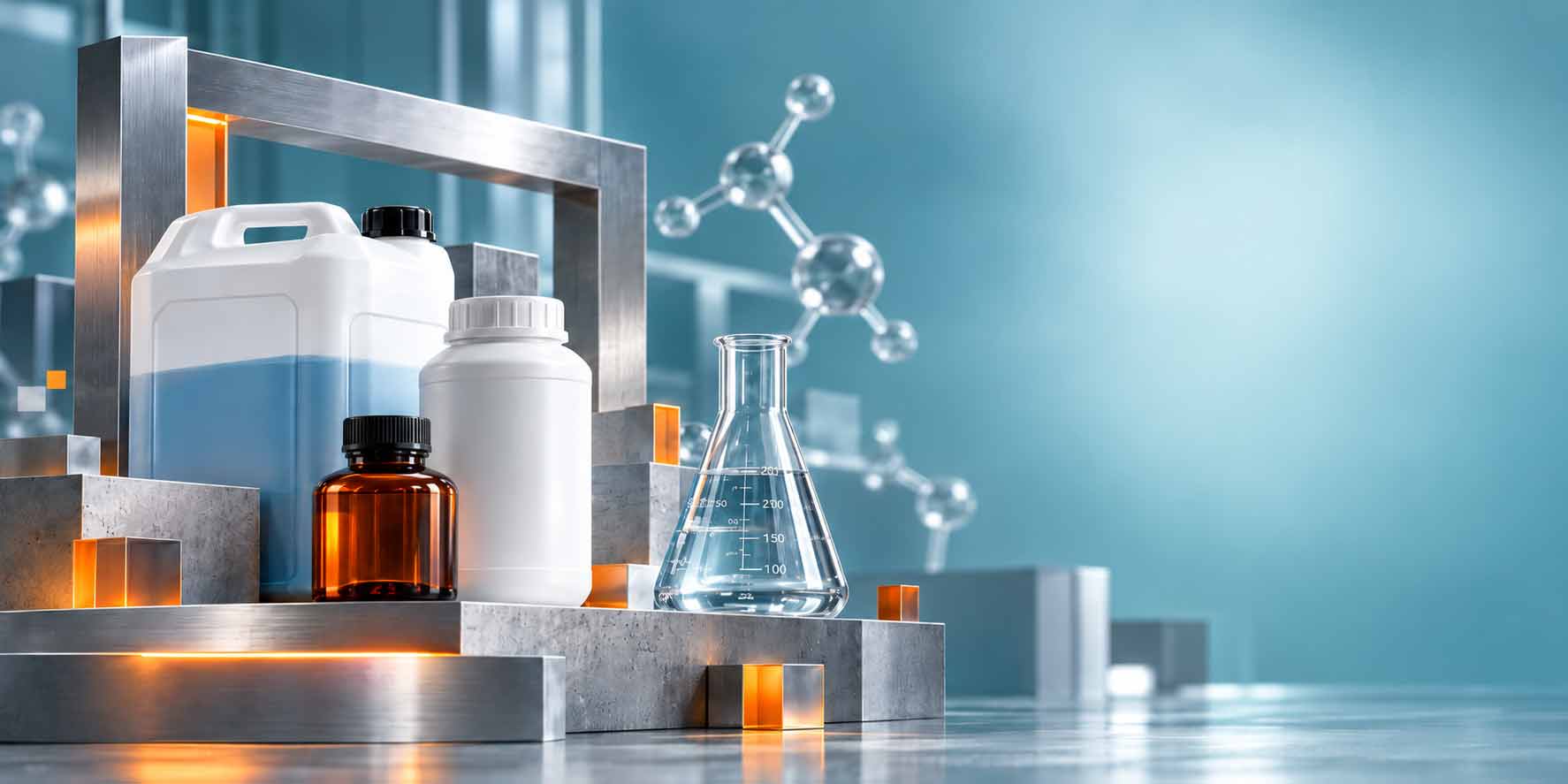 مواد اولیه‌ی شیمیایی در ظروف آزمایشگاهی روی سکوهای استیل